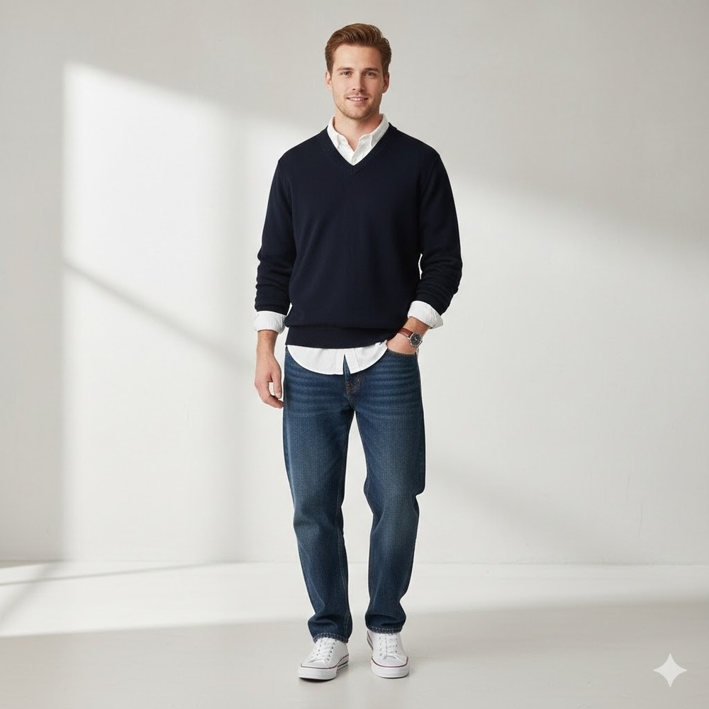 Vintage 90s Mens XL Navy Blue V Neck Sweater Made in USA Grandpacore Preppy - Picture 6 of 6